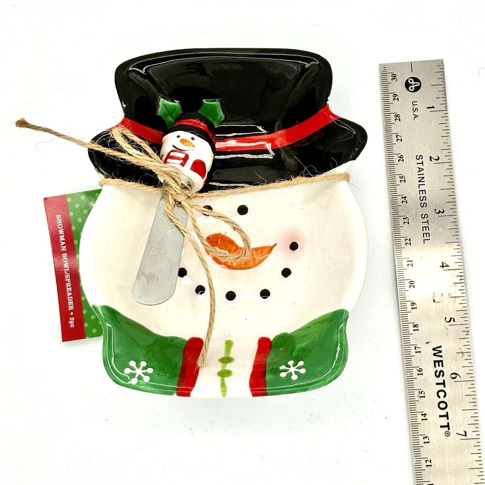 New Sleigh Bell Bistro Ceramic Christmas Snowman Dish With Spreader 2014 - Picture 5 of 8